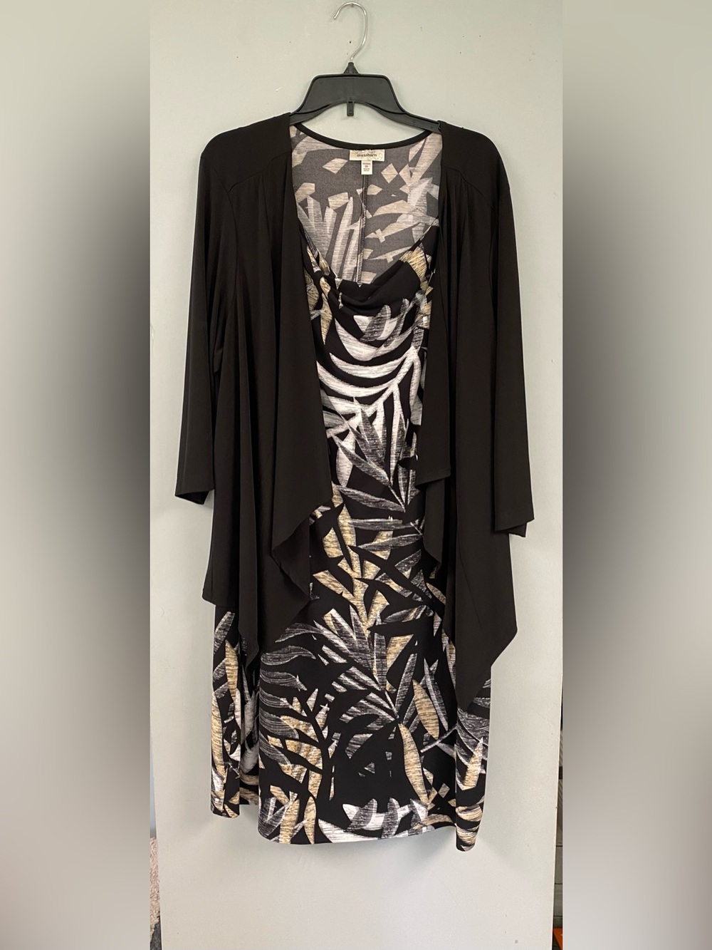 Womens Dressbarn Plus Size 20 Midi Black Tan White Dress Draped Front